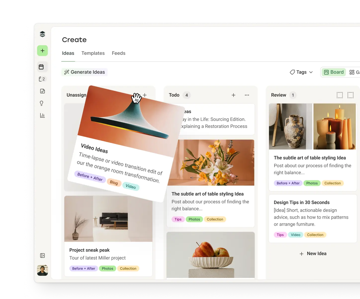 Buffer Create-weergave met kolommen voor ideeën, concepten en gepubliceerde posts.