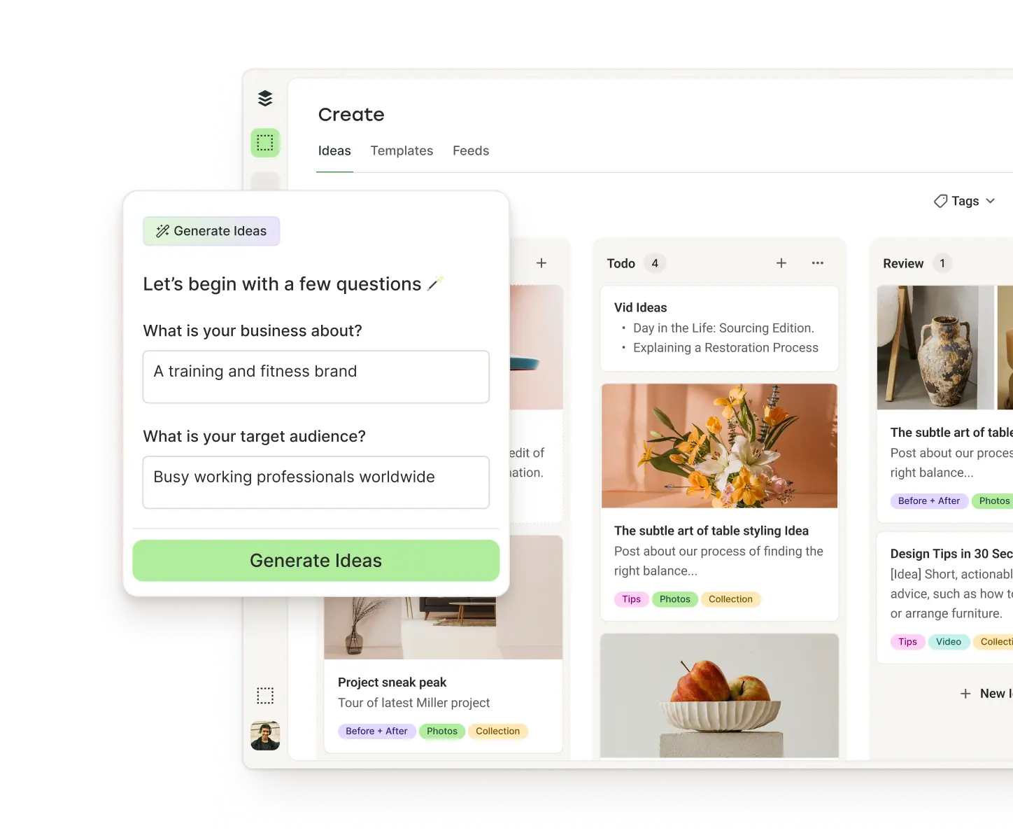 Vista de creación de Buffer con columnas para ideas, borradores y publicaciones, junto con un asistente de IA para generar ideas.
