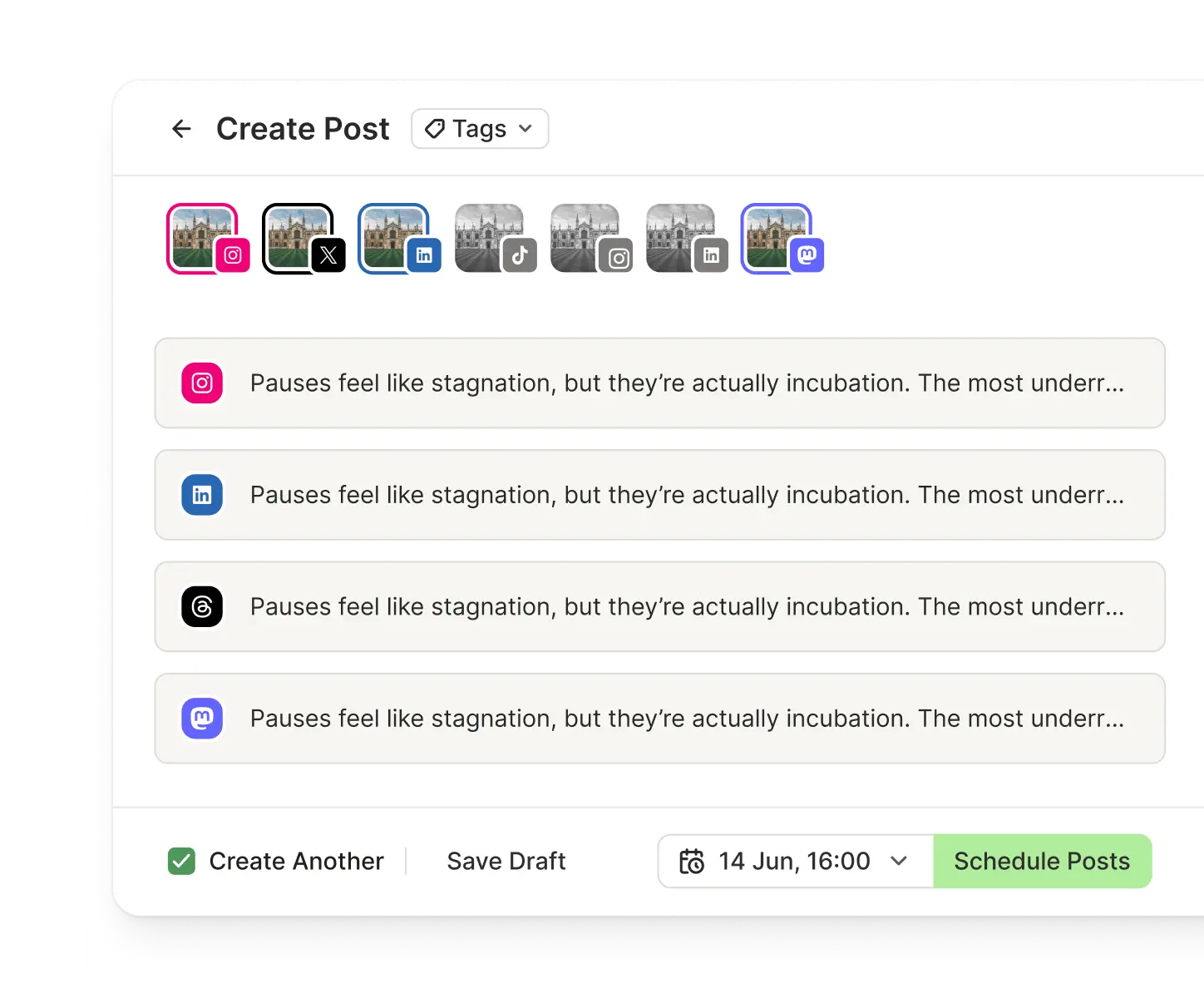 Vista de creación de Buffer con editores de publicaciones para cada red social.