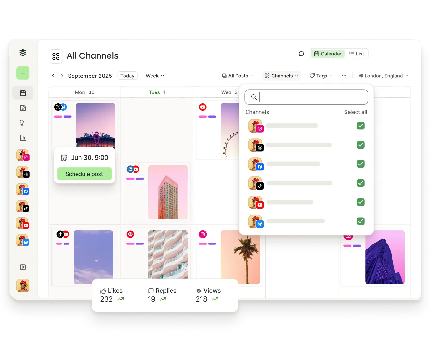 Vista del calendario de Buffer con publicaciones programadas y filtros para canales, etiquetas y más.
