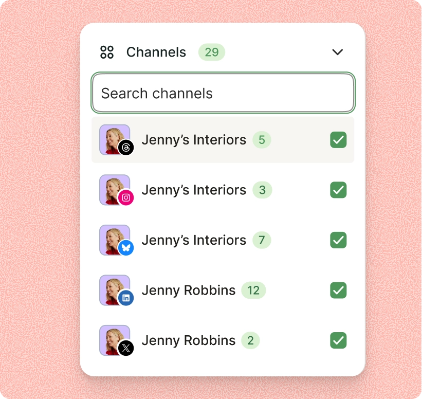 Lista de canales de comentarios de Buffer Community con notificaciones para Threads, Instagram, Bluesky, LinkedIn y otras plataformas.