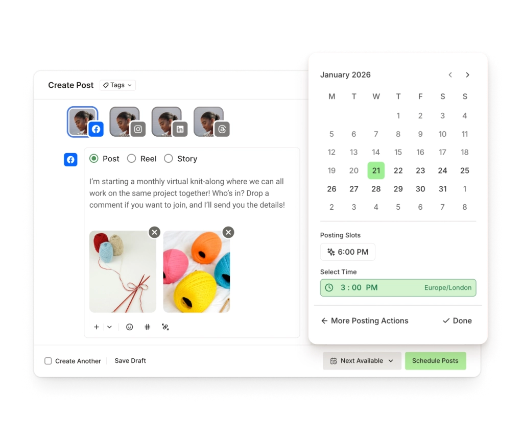 Buffer Facebook post tool met een teksteditor, afbeeldingsbijlagen en planningsopties.