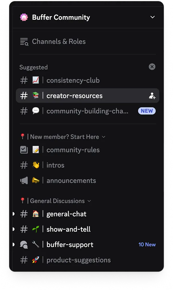 Discord-kanaalzijbalk met Buffer community-kanalen voor consistent posten, het delen van creator-bronnen, intro's, show-and-tell, support en meer.