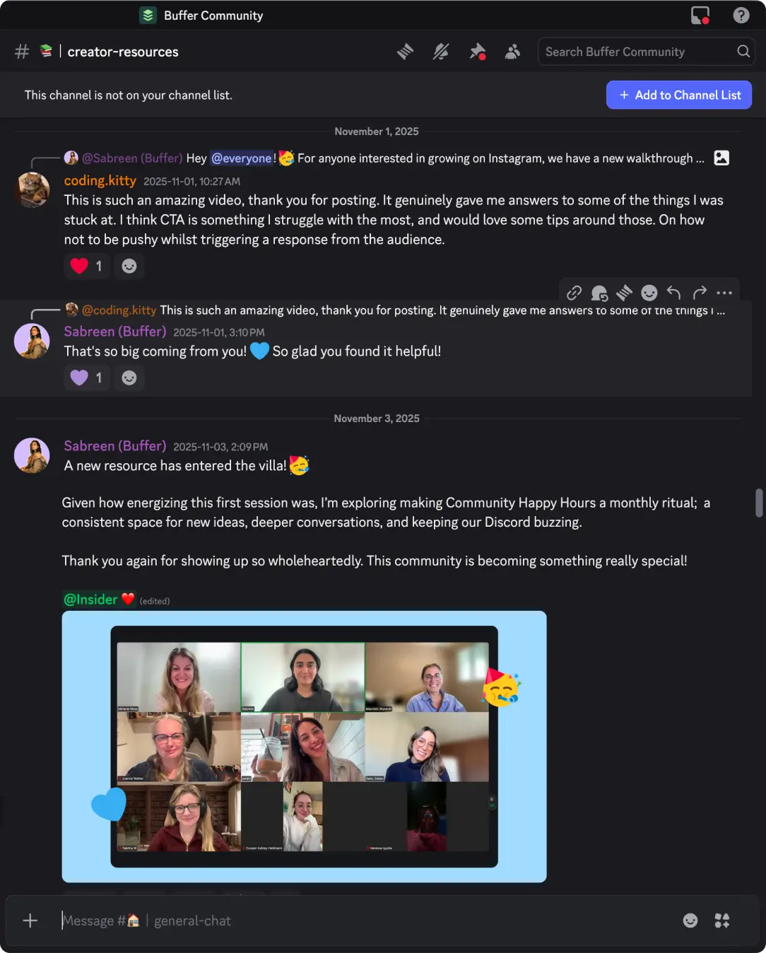 Buffer community Discord met echte gesprekken voor contentfeedback, live sessies en ondersteunende discussies.