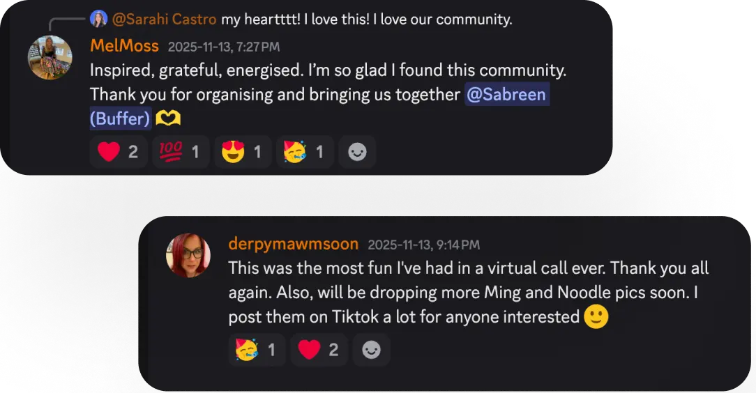 Buffer community Discord met live sessies voor community-leren, feedback en creatieve inspiratie.