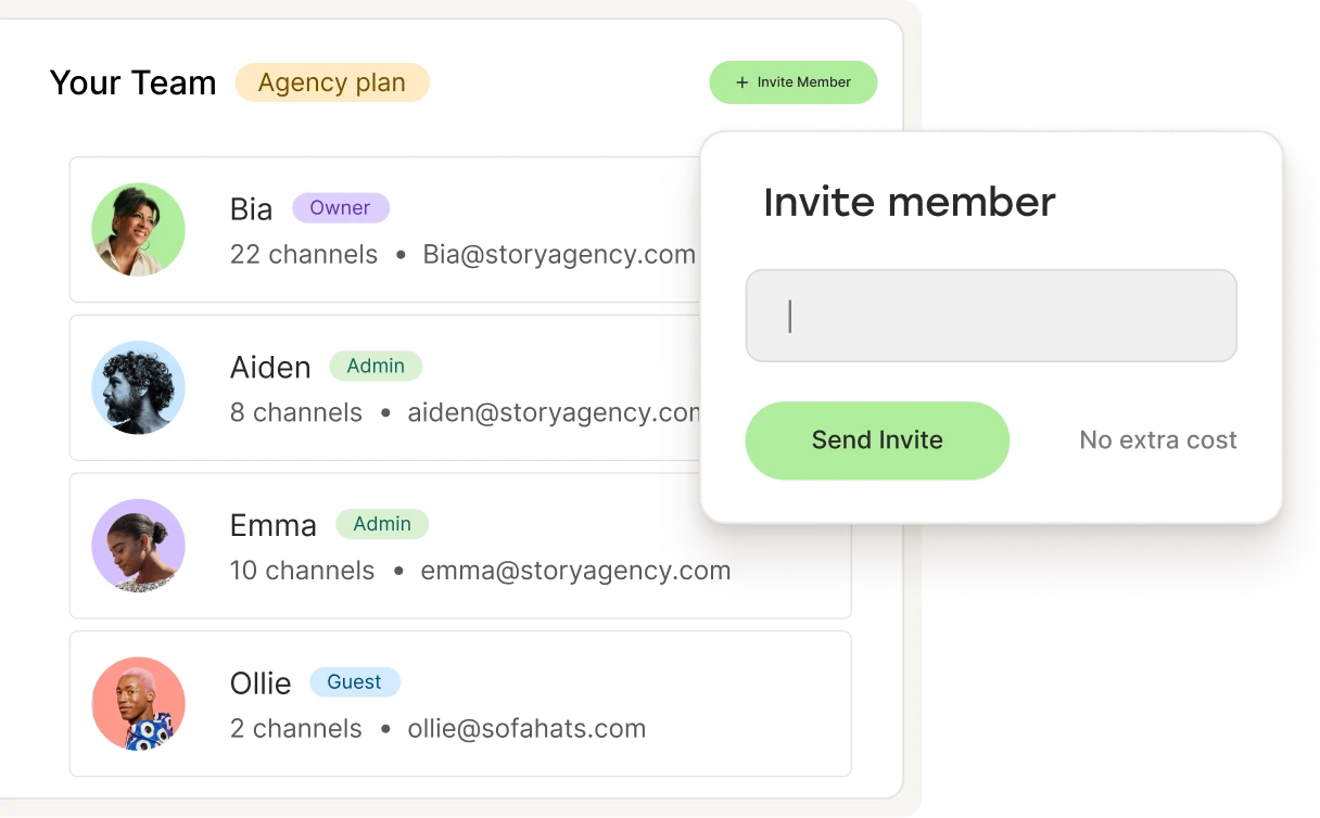 Invitando a un miembro del equipo en Buffer sin coste adicional.