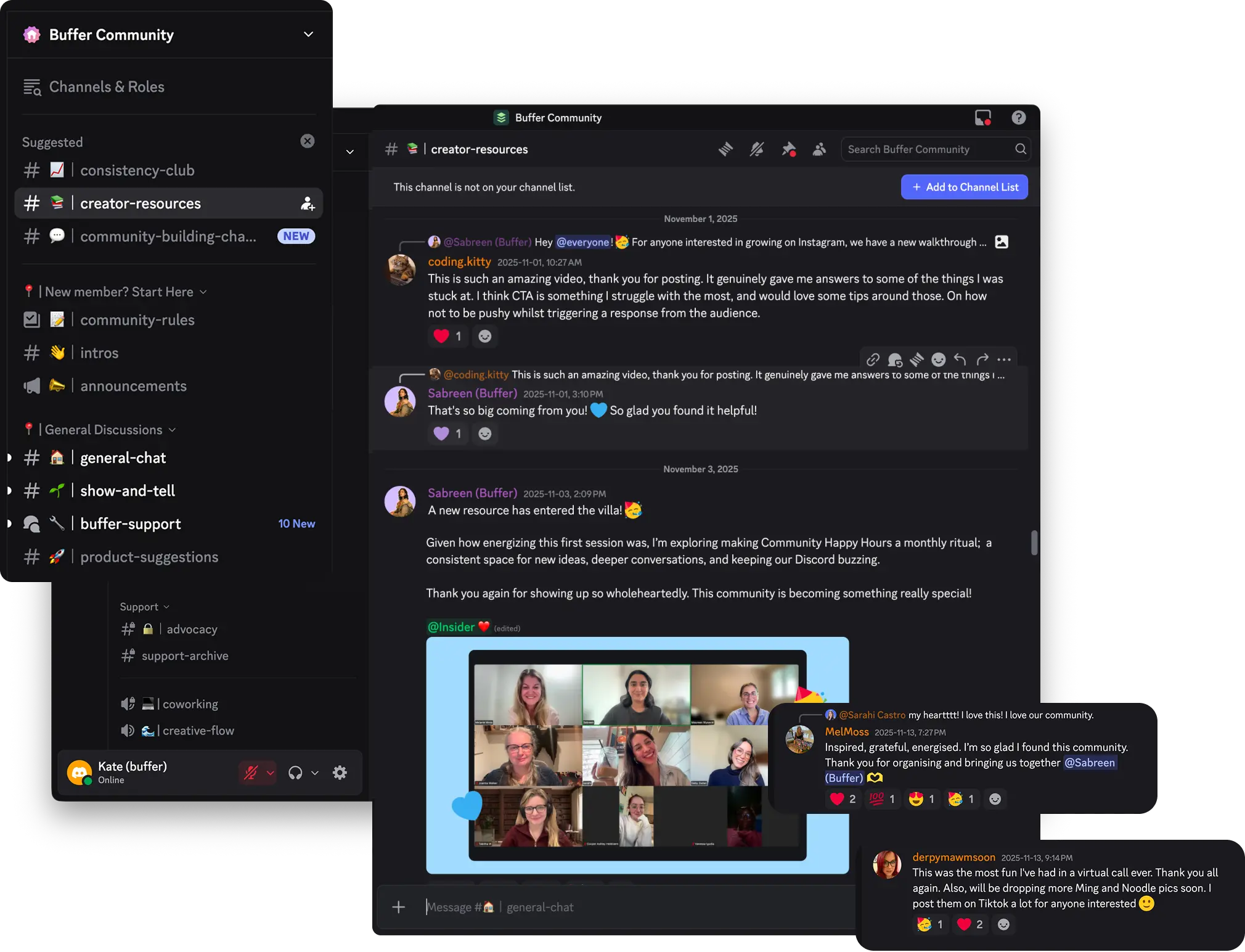 Buffer community Discord met community-kanalen, echte gesprekken, show-and-tell en live community-momenten.