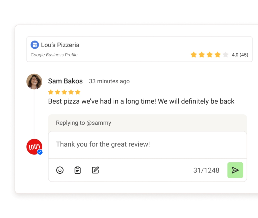 Un thread di commenti da Google Business all'interno di Community, con suggerimenti AI e un campo di testo per rispondere.