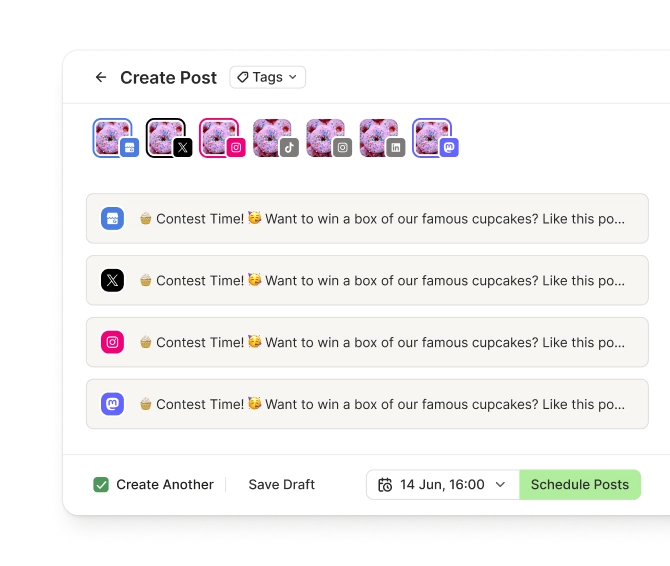 Vista cross-posting di Buffer con diversi canali social ed editor di testo dedicati per ogni canale.