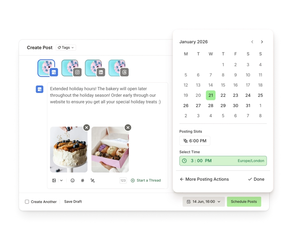 Vista calendario di Buffer con un'interfaccia drag and drop per programmare post di tipo Novità, Offerta ed Evento.