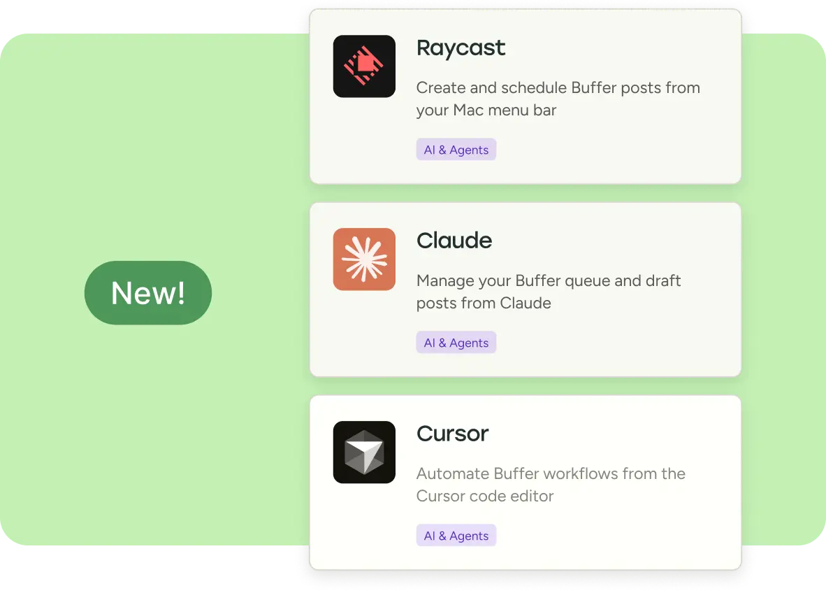 Tarjetas de integración que muestran Raycast, Claude y Cursor