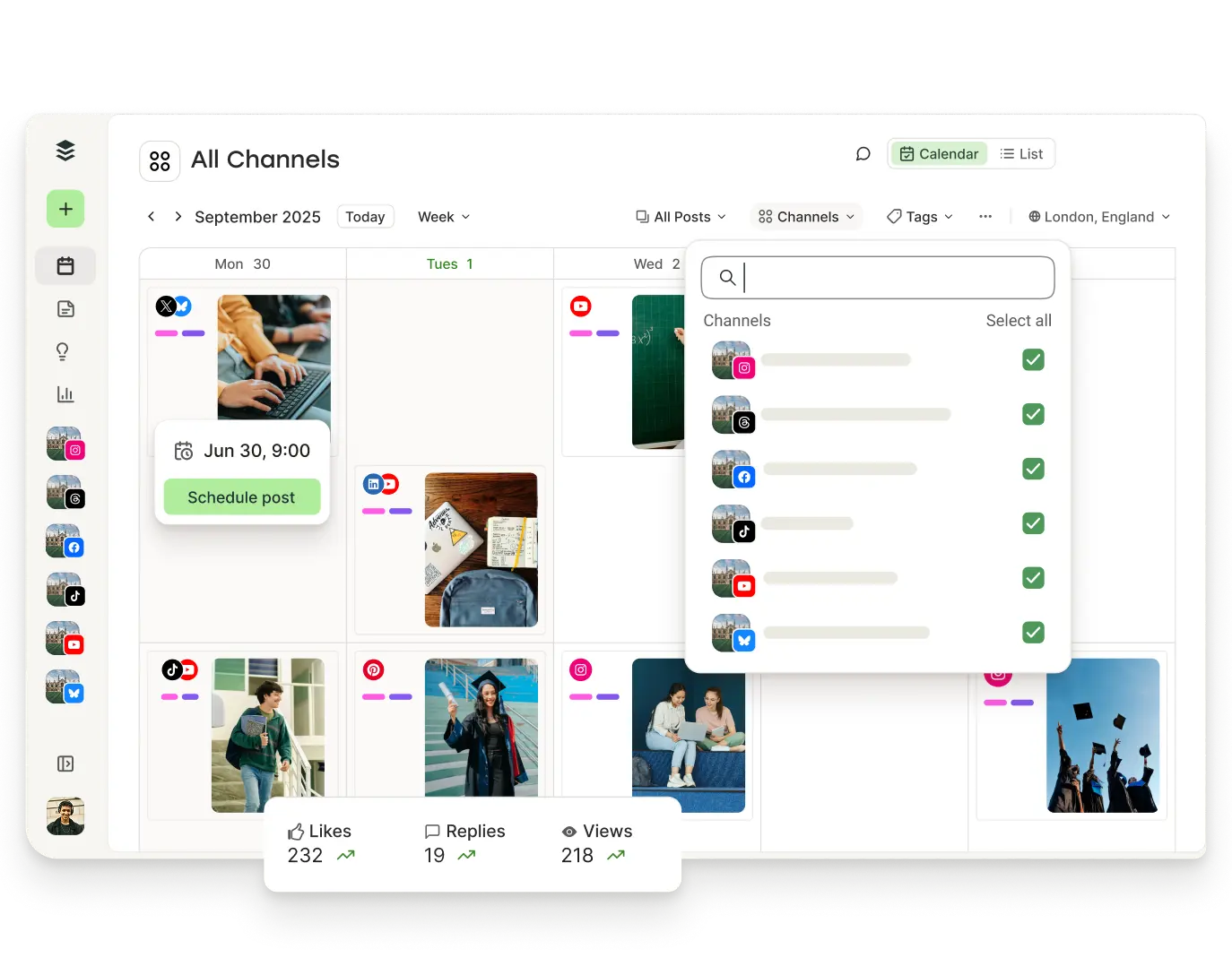 Vista del calendario de Buffer con publicaciones programadas y filtros para canales, etiquetas y más.