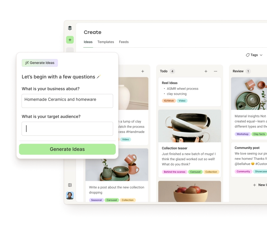 Buffer Instagram Create-ruimte met ideeën in kolommen per categorie en een AI-assistent om ideeën te genereren.