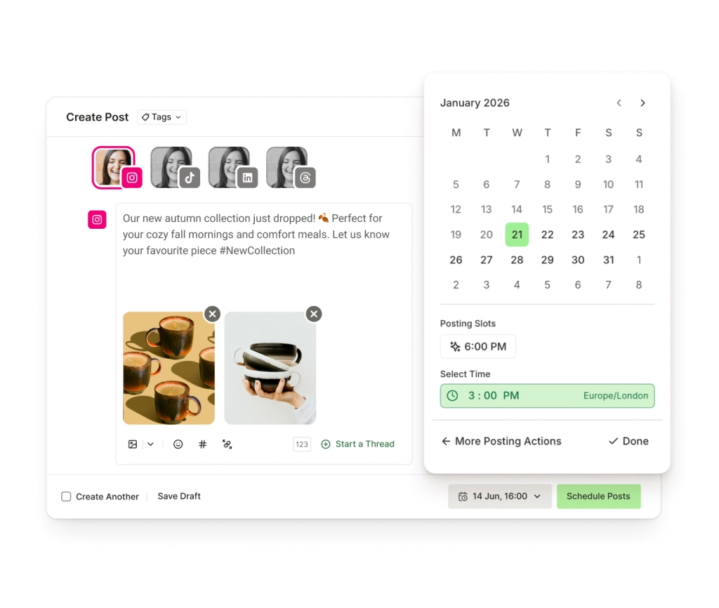 Buffer Instagram-editor met een teksteditor, beeldbijlagen en inplanopties.