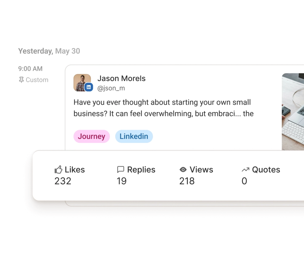 Een LinkedIn analytics-scherm in Buffer met prestatiegegevens voor volgers, vertoningen, klikken en engagement.
