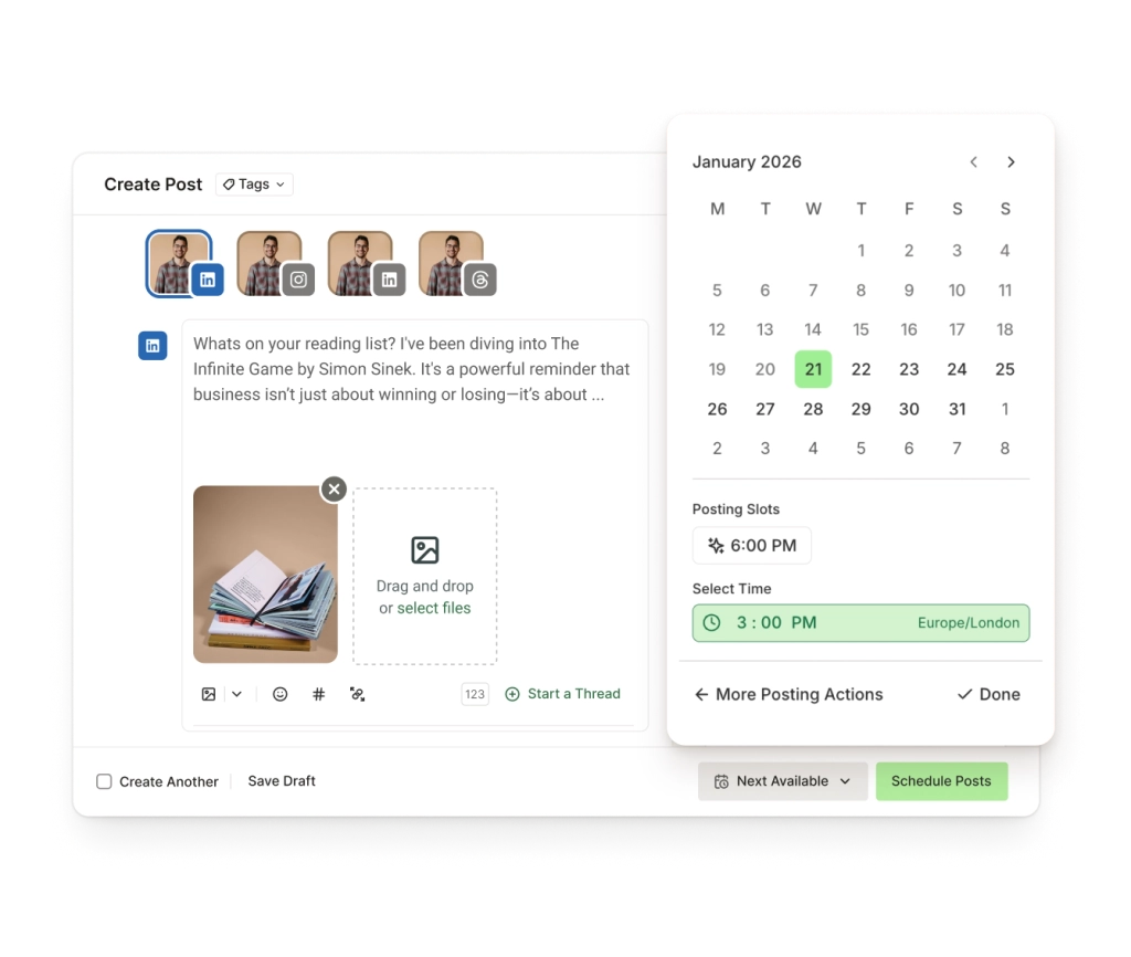Een aanmaakscherm voor een LinkedIn post met tekstinvoer, afbeeldingsbijlagen en een datumkiezer om posts in te plannen.