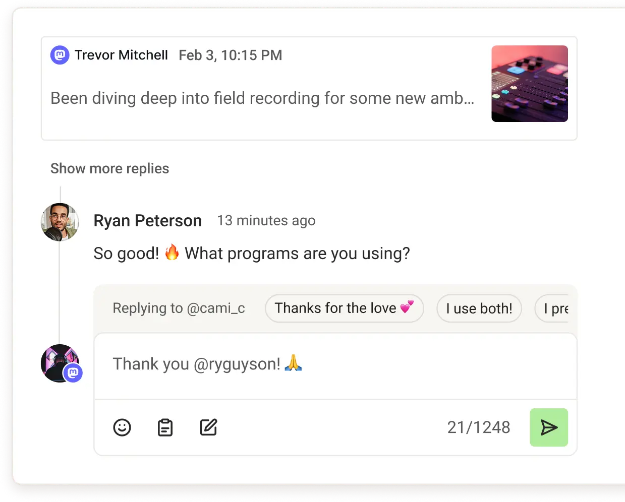 Pantalla de respuesta a comentarios en Buffer Community con la opción de crear una publicación a partir de tu respuesta.