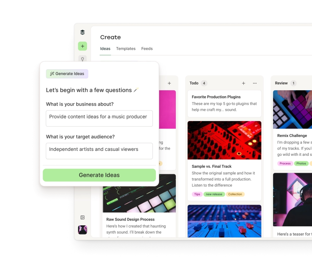 El espacio “Crear” de Buffer con ideas de publicaciones para Mastodon organizadas en columnas por categoría y un asistente de IA para generar ideas.