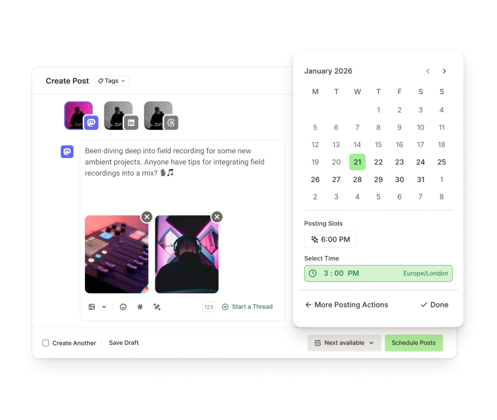 Editor de publicaciones de Mastodon en Buffer con editor de texto, imágenes y opciones para programar publicaciones.