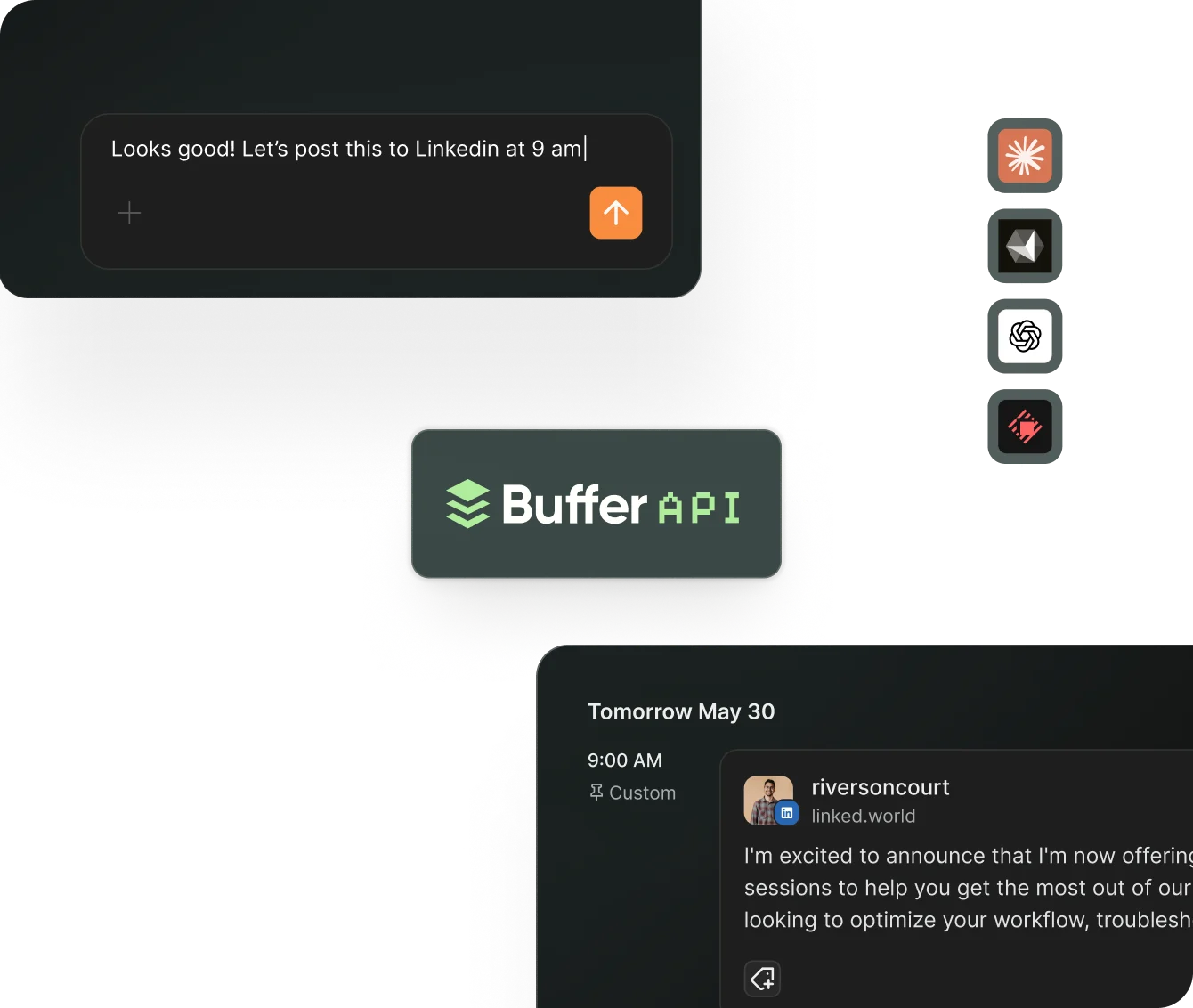 Interfaz del MCP server de Buffer con borradores de contenido listos para publicar con ayuda de IA.