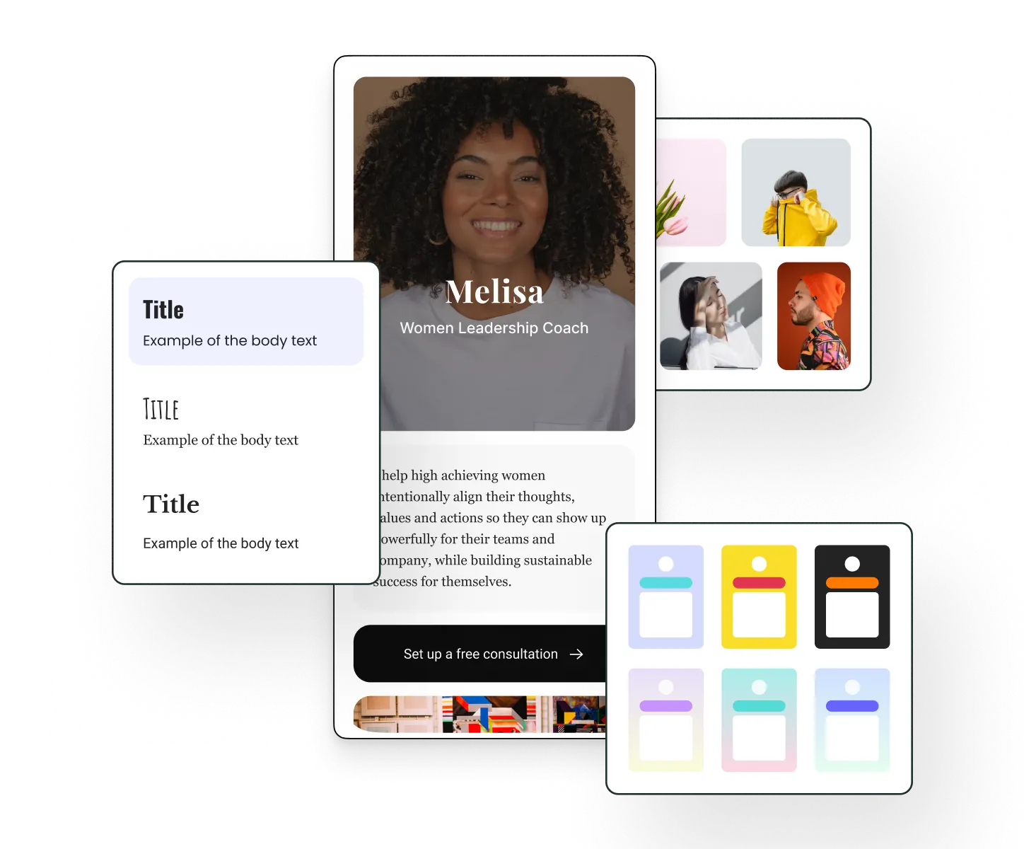 Buffer Start Page-Editor mit Text, Typografie-Stilen, Farbthemes fürs Profil und Optionen zum Bearbeiten von Bildrastern.