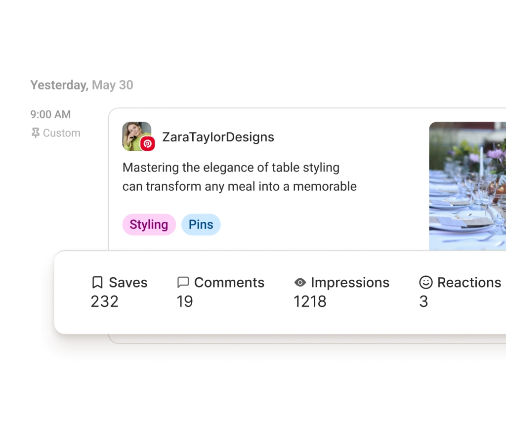 Una publicación en Pinterest rodeada de gráficas de seguidores, tasa de interacción y recomendaciones sobre el mejor día, tipo y frecuencia para publicar.