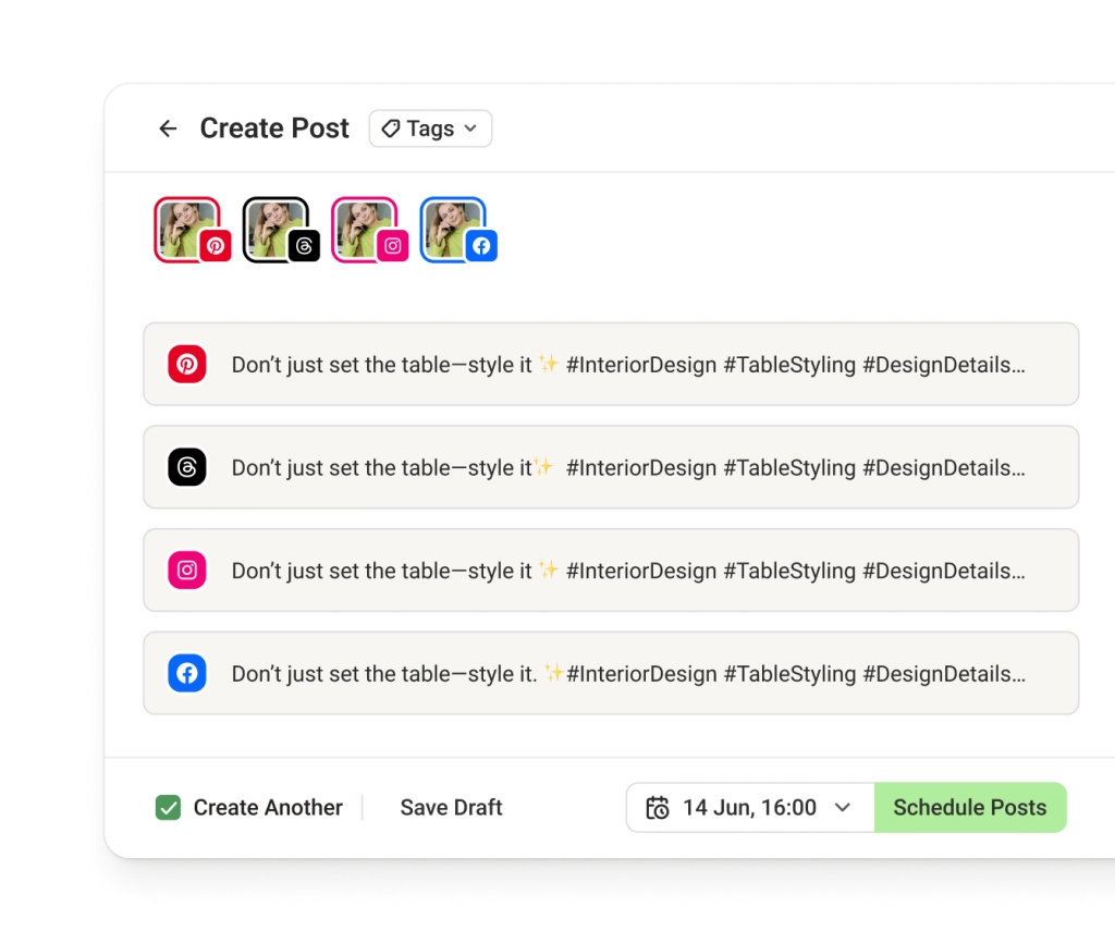 La vista de publicación cruzada de Buffer con editores de texto dedicados para múltiples canales de redes sociales, incluido Pinterest.
