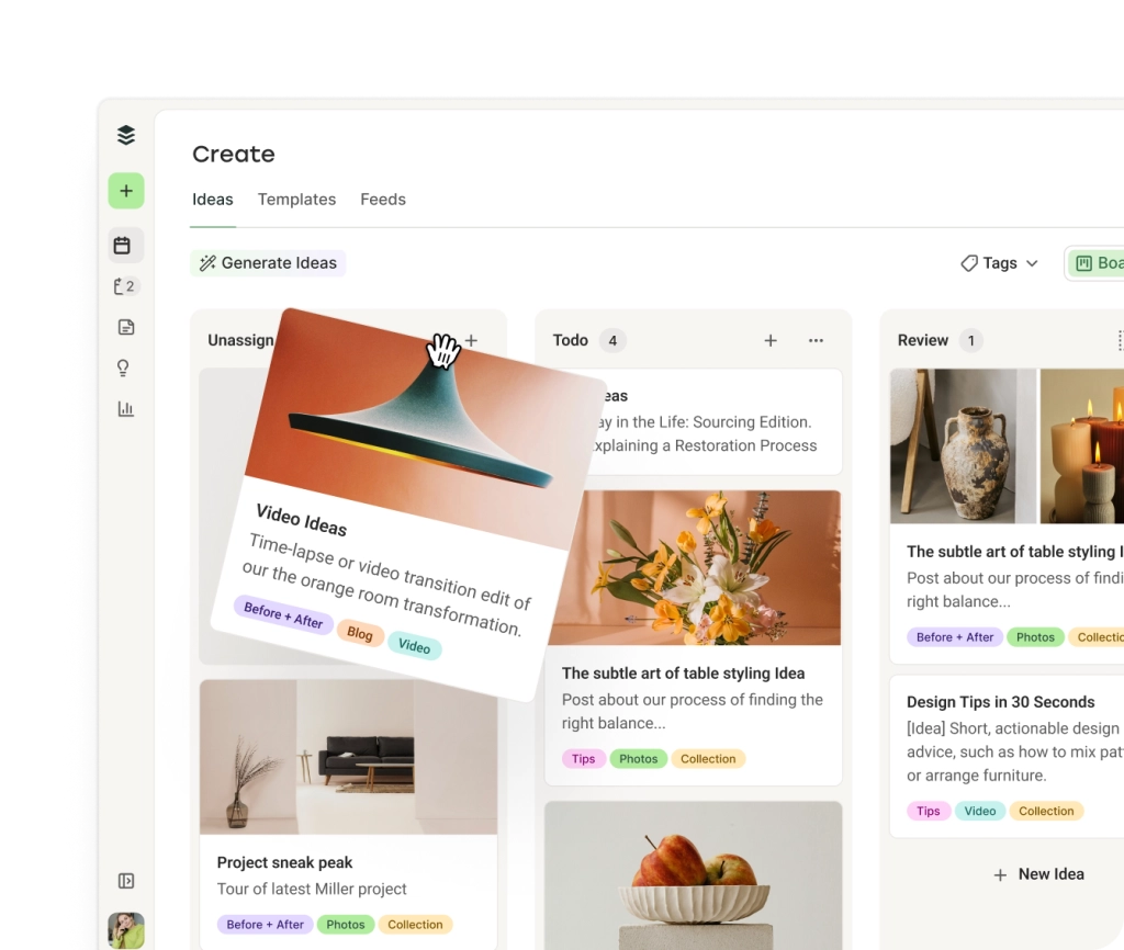 El espacio de creación de Buffer con columnas kanban para publicaciones por categoría y un asistente de IA para generar ideas.