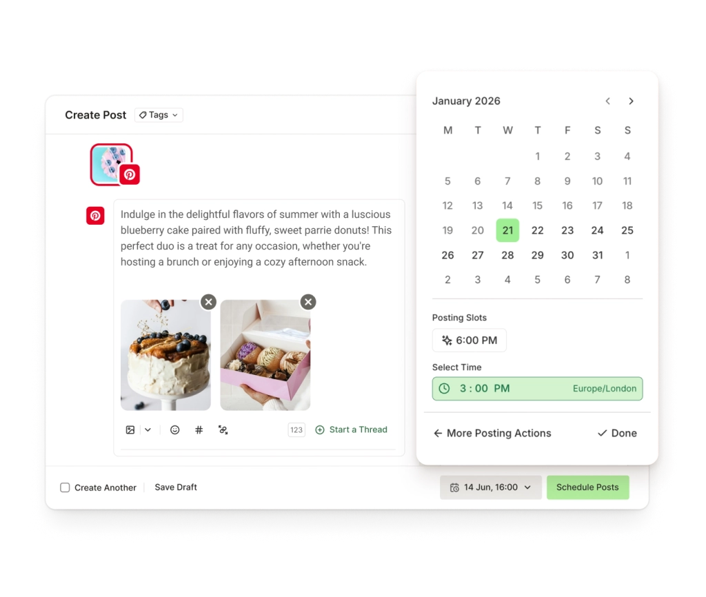 Vista de Crear en Buffer para Pinterest con editor de texto enriquecido, adjunto de imagen y controles de programación de publicaciones.