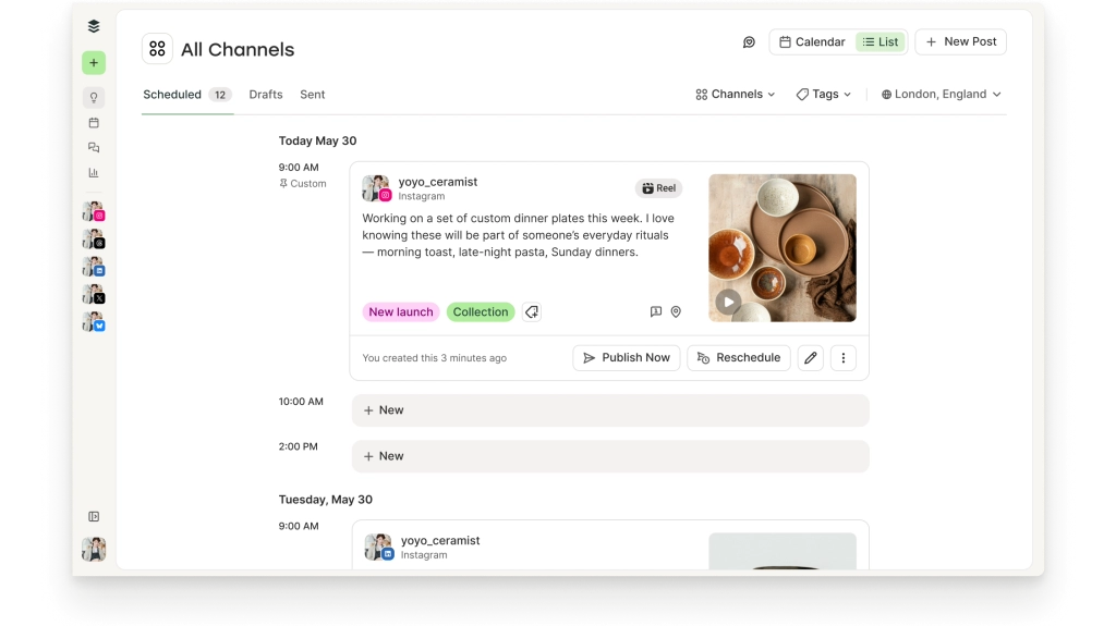 Buffer Publish-weergave met lijst- en kalenderopties om geplande posts te bekijken.