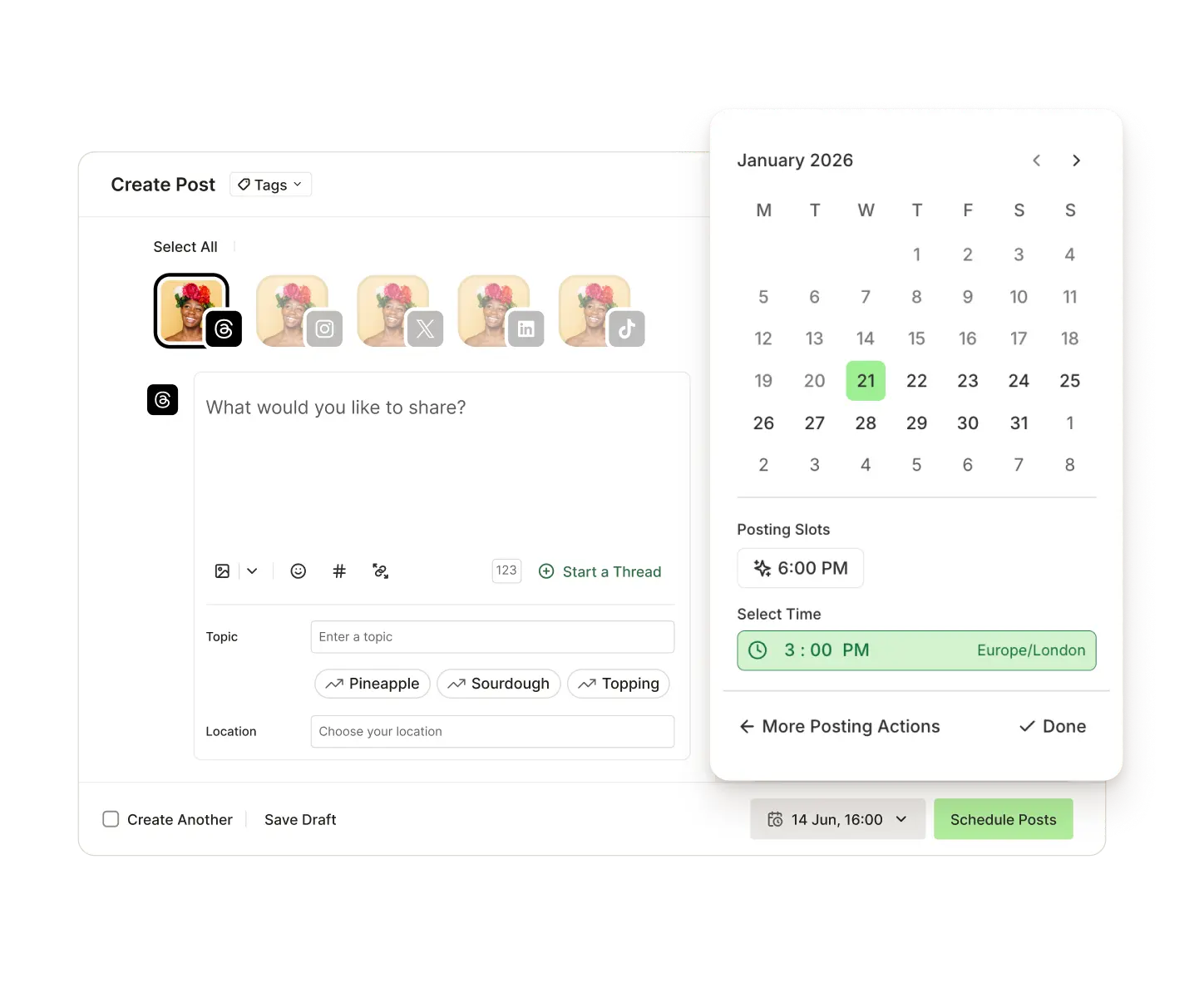Buffer Publish-weergave met planning voor het posten op een toekomstige datum en tijd.