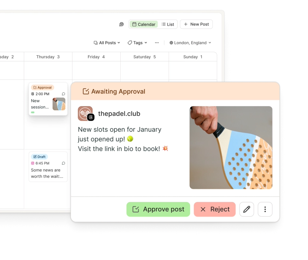 Vista calendario condivisa di Buffer con i prossimi post ed etichette per bozza e in attesa di approvazione.