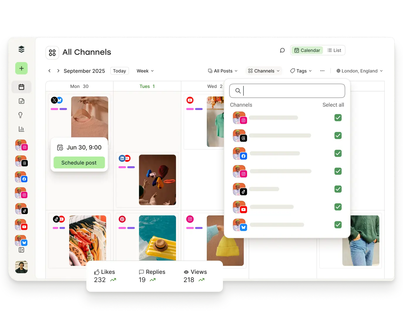 Buffer-kalenderweergave met aankomende posts en filters voor kanalen, tags en meer.