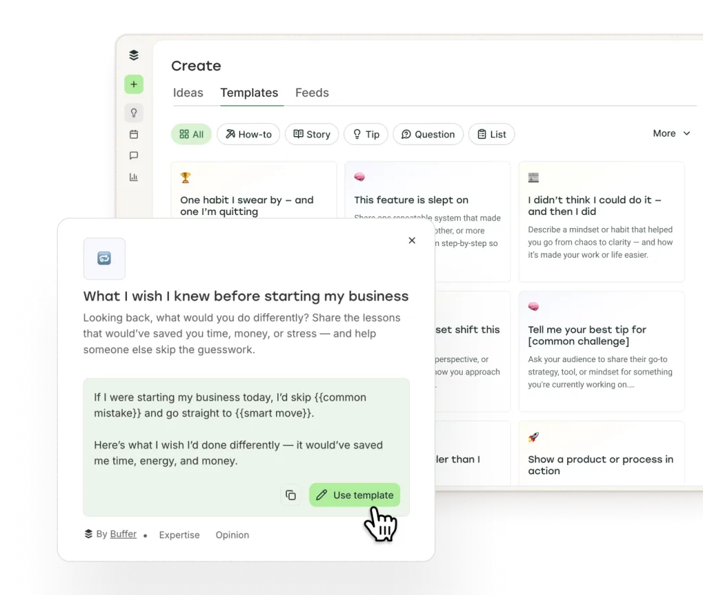 Social-Media-Vorlagen von Buffer mit Kategorien wie Tipp, Story, Case Study, Frage, Meinung, How-to, Liste, Behind the Scenes und mehr. Jede Vorlage liefert Starter-Content mit Platzhaltern für deine Ideen.