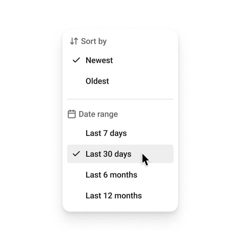 Menú de filtros y clasificación de comentarios de Buffer Community con opciones de ordenar por más nuevos y más antiguos y filtros por rango de fechas.
