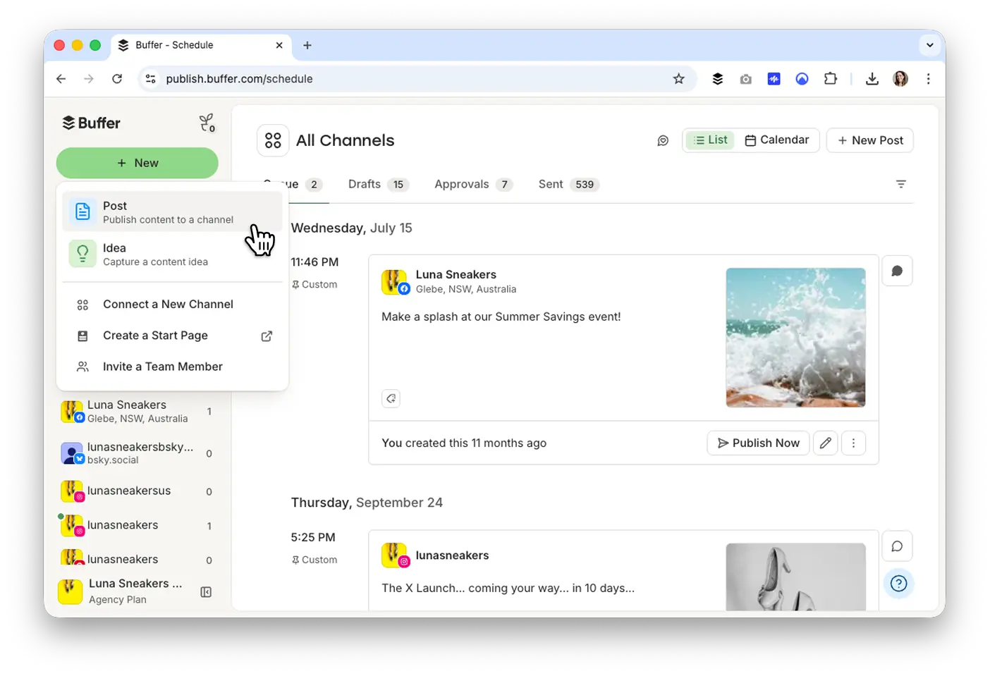 Buffer-planpagina met het menu + Nieuw open, met de optie Post