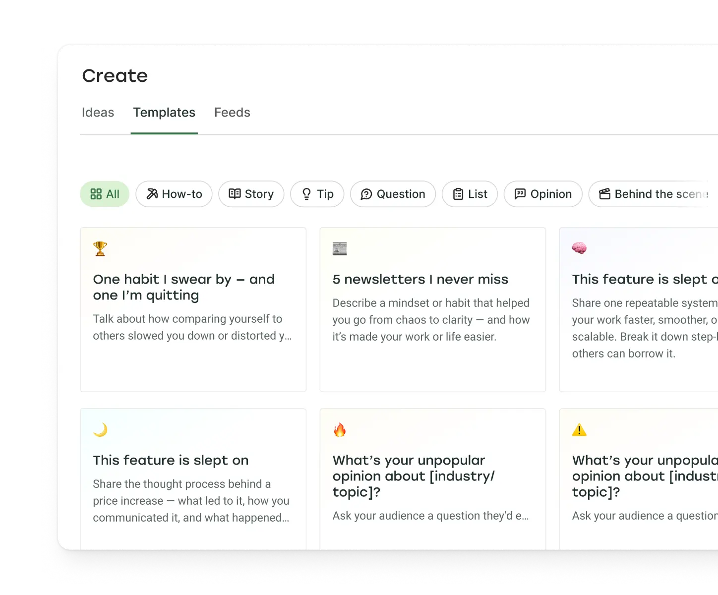 Plantillas de Buffer con ideas de publicaciones para redes sociales en distintas categorías.