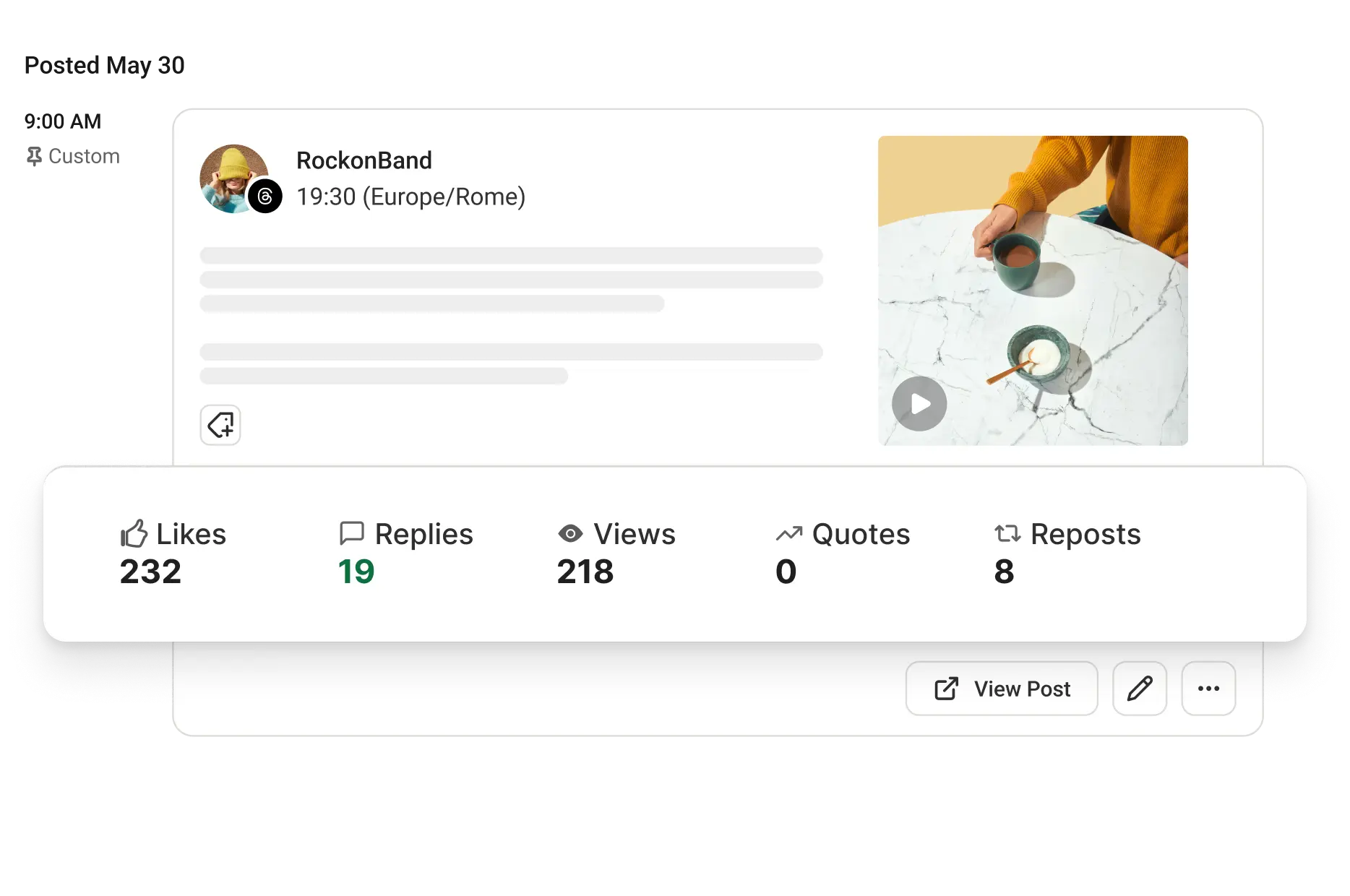 Analytics de Threads en Buffer con likes, respuestas, vistas, citas y reposts.