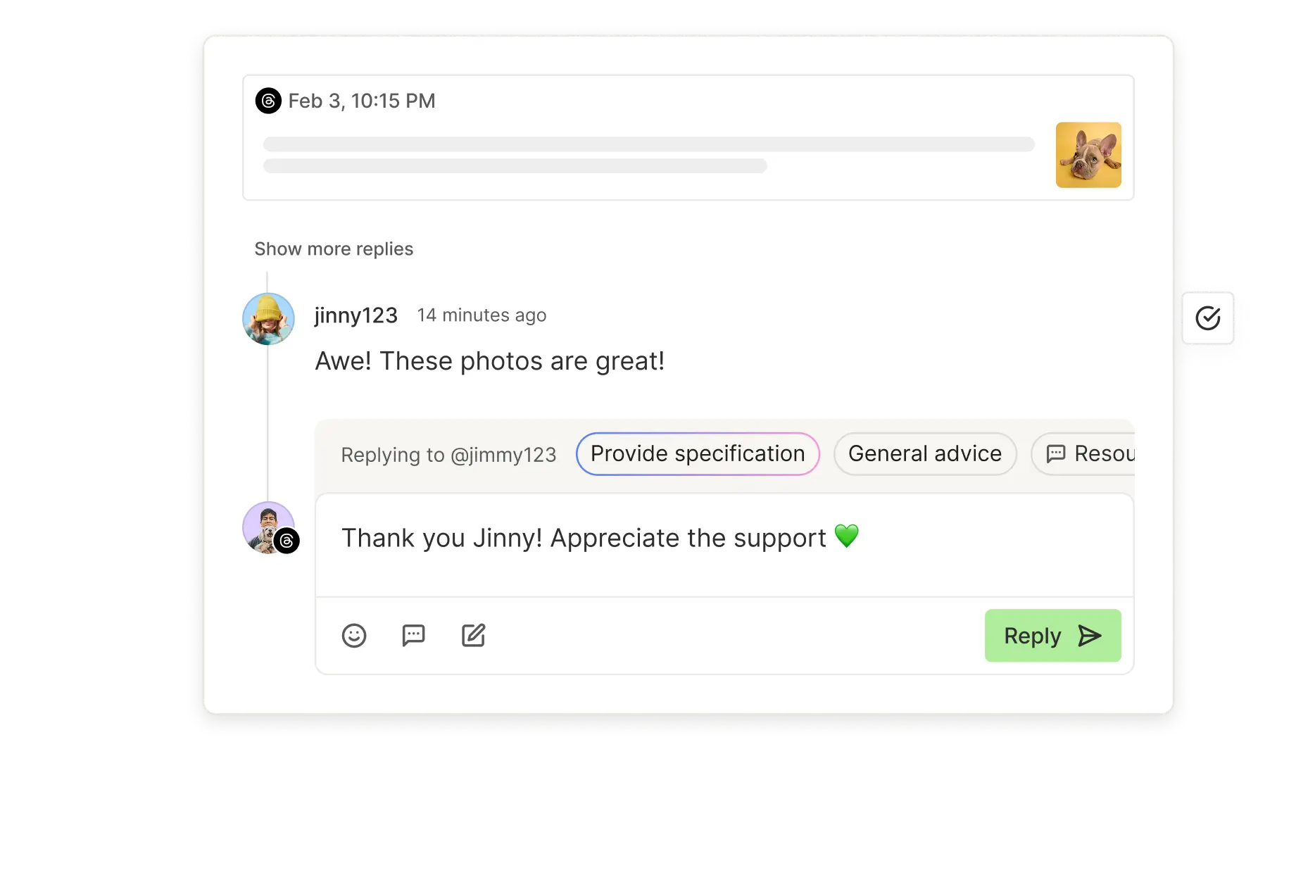 Vista de interacción con la comunidad de Threads en Buffer con comentarios recientes, respuestas sugeridas y una puntuación de comunidad.