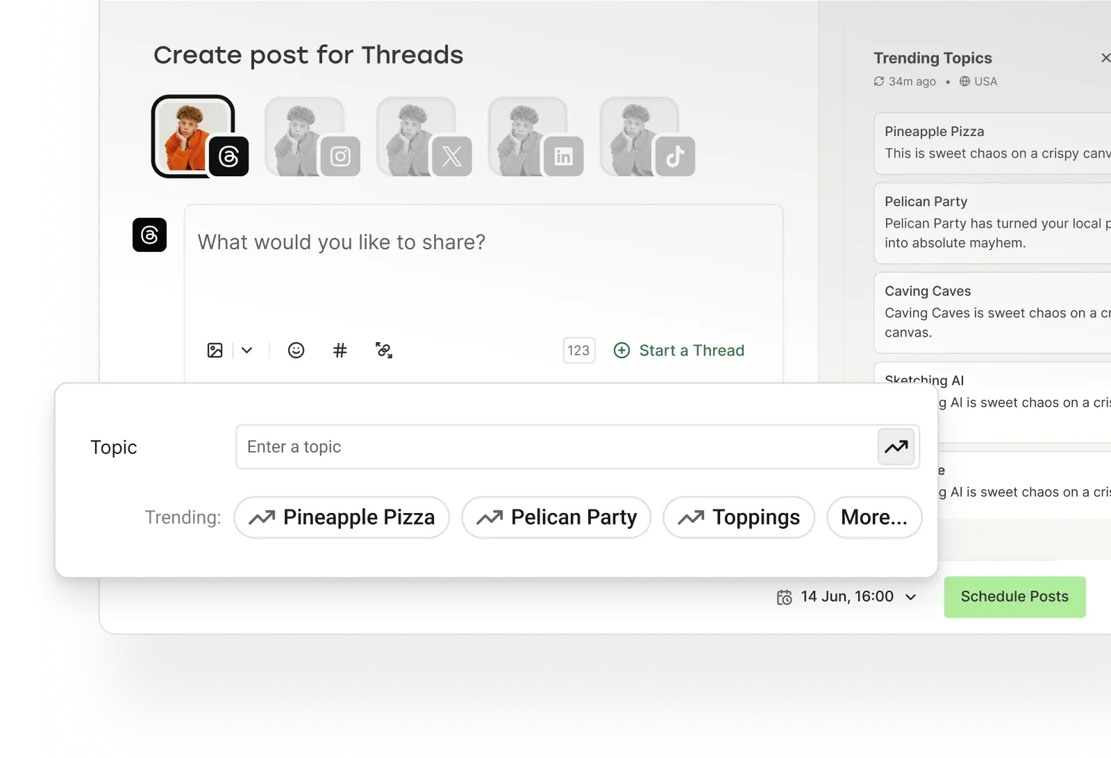 Vista de creación de post en Buffer con temas tendencia de Threads.
