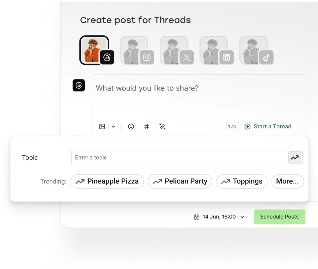 Vista de creación de post en Buffer con temas tendencia de Threads.