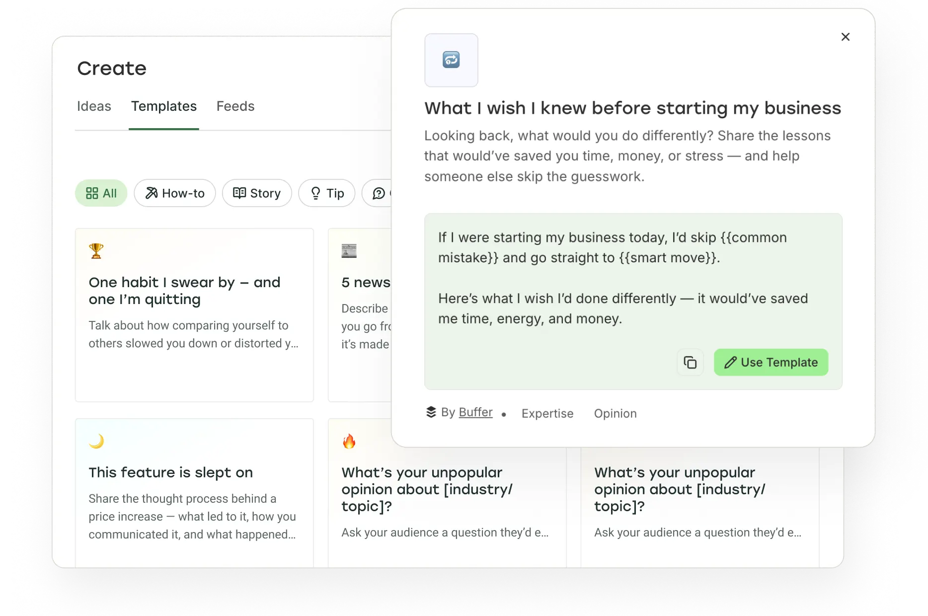 Vista de creación de post en Buffer con temas tendencia de Threads para inspirar un nuevo post.