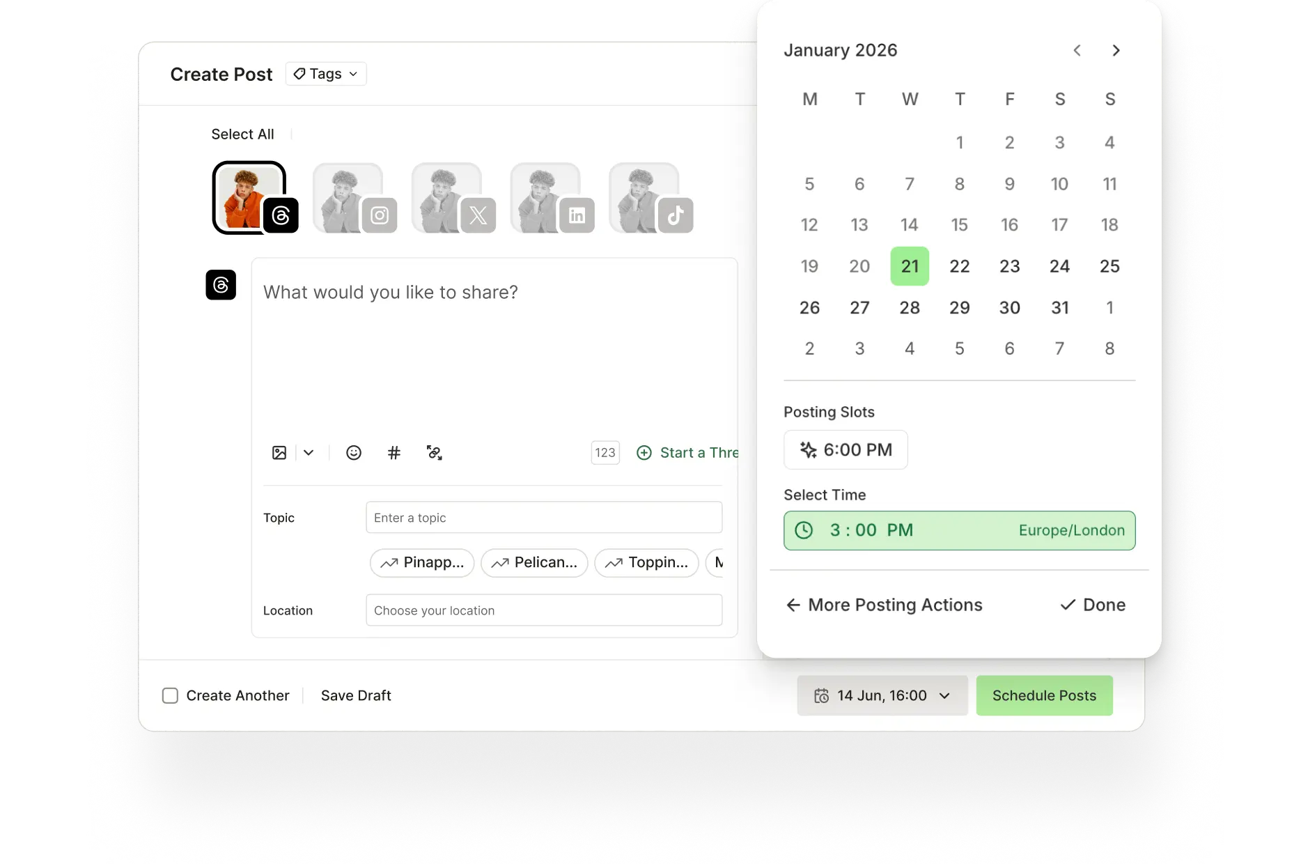 Vista de creación de post en Buffer con opciones de programación de Threads para hora y horarios de publicación.
