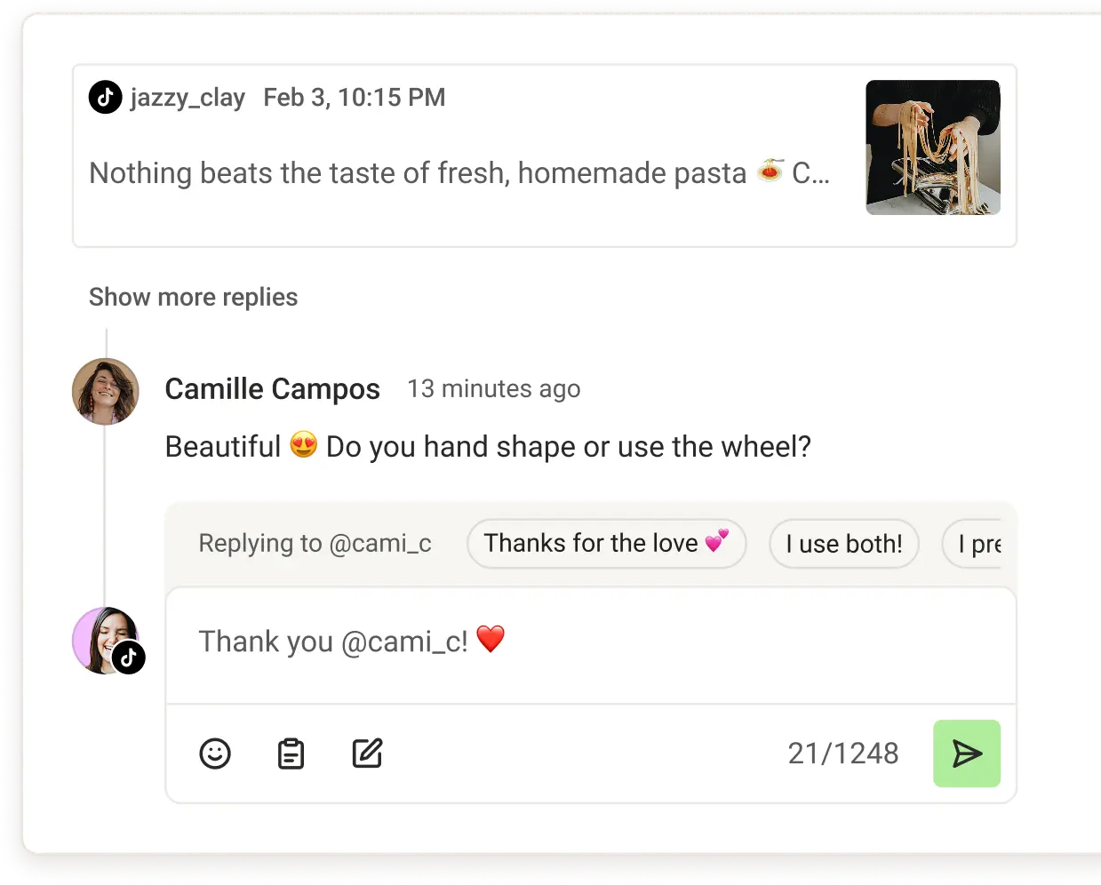 La schermata di risposta ai commenti di Buffer Community con l'opzione per creare un post dalla mia risposta.