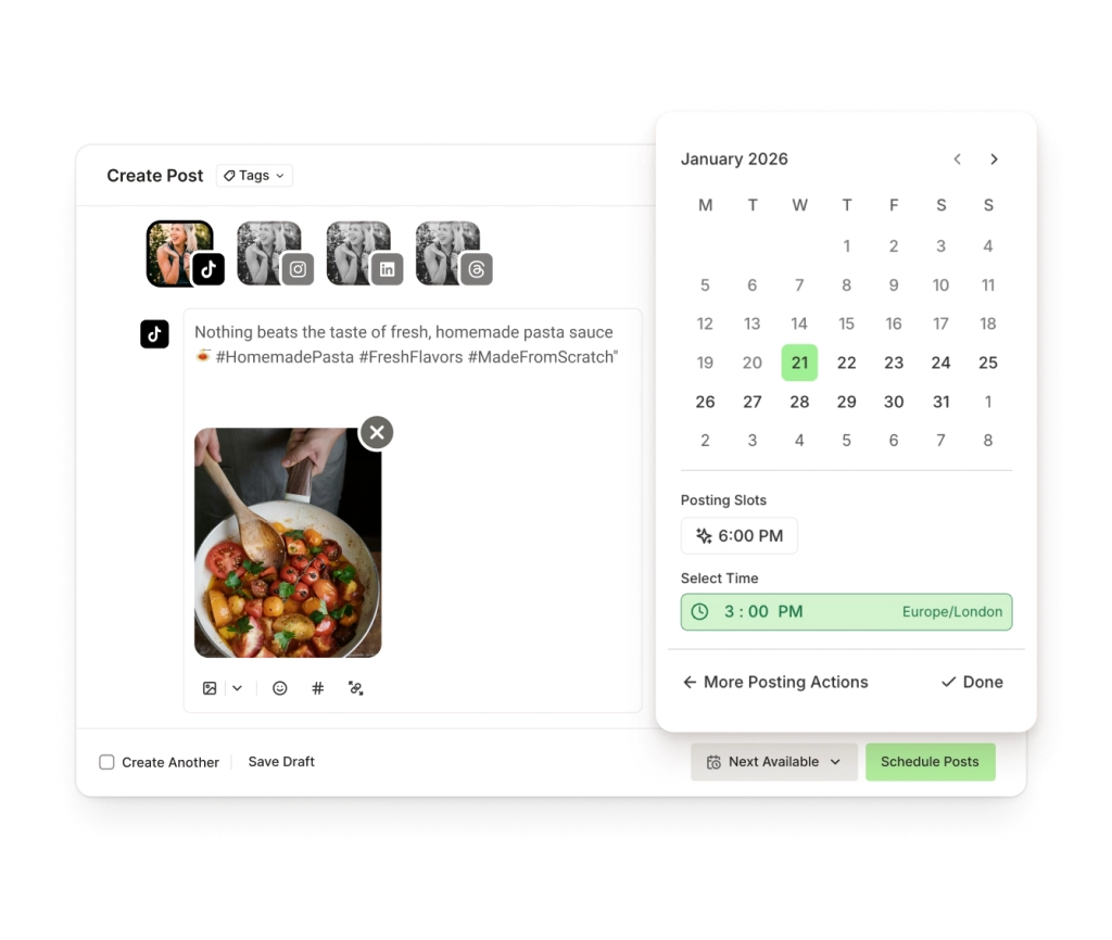 La vista Create di Buffer per TikTok con canali per la pubblicazione multipiattaforma, un editor di testo avanzato, allegati di immagini e controlli per la programmazione dei post.