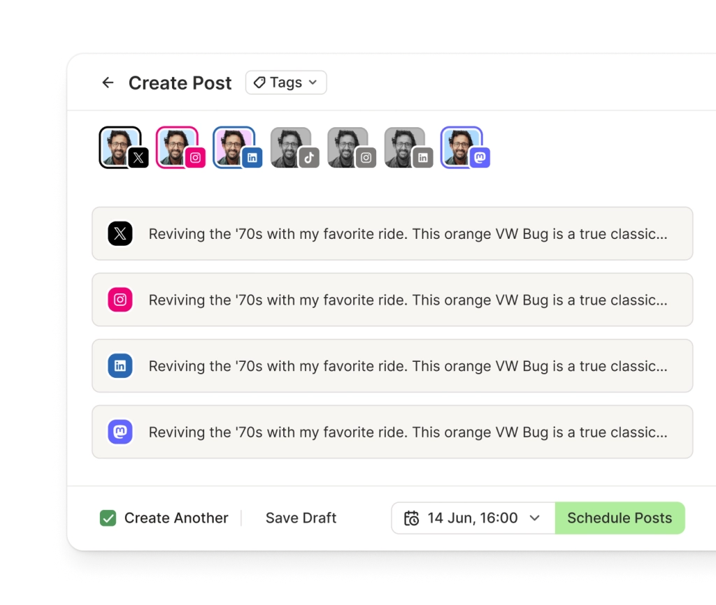 La vista Crosspost di Buffer con editor di testo dedicati per più canali social, incluso X.