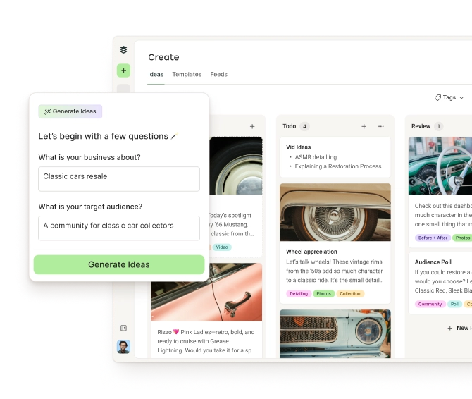 Lo spazio Create di Buffer con colonne kanban per i post suddivisi per categoria e un AI Assistant per generare idee.