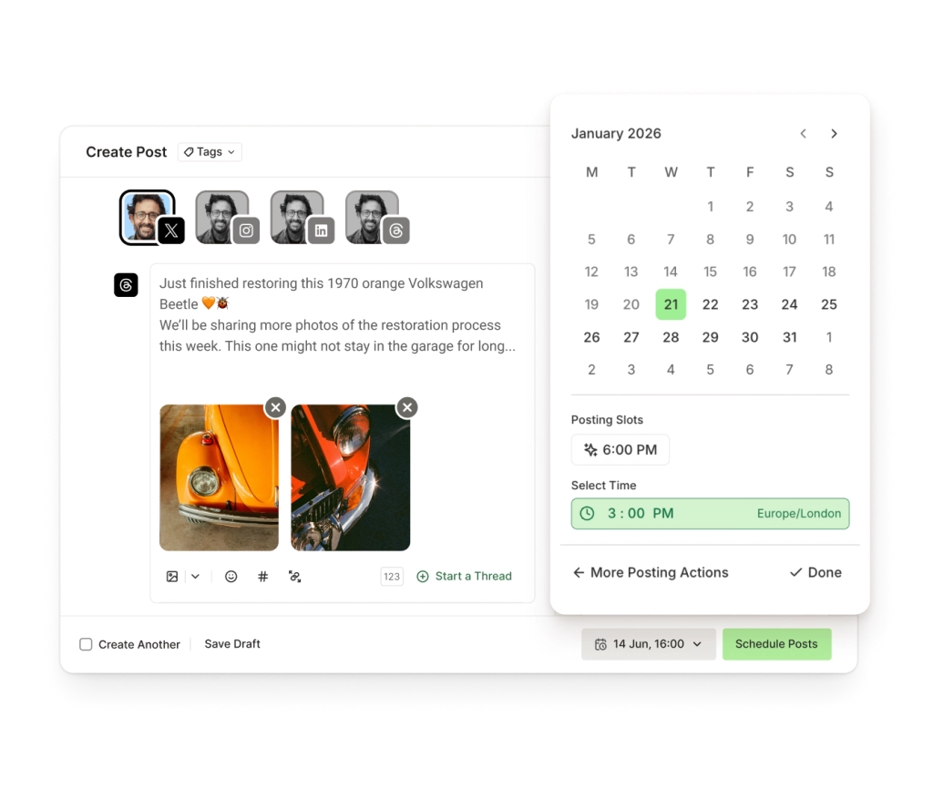 La vista Create di Buffer per X, con canali di cross-posting, un editor di testo formattato, allegato immagine e controlli per programmare i post.